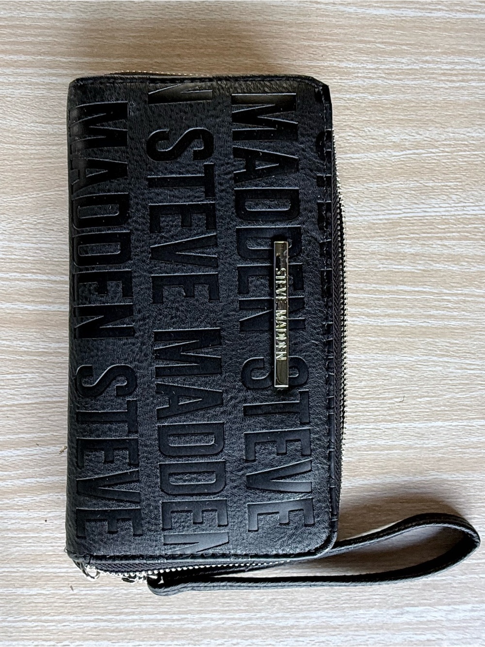 Steve Madden Black Embossed Logo Zip Wallet Wristlet